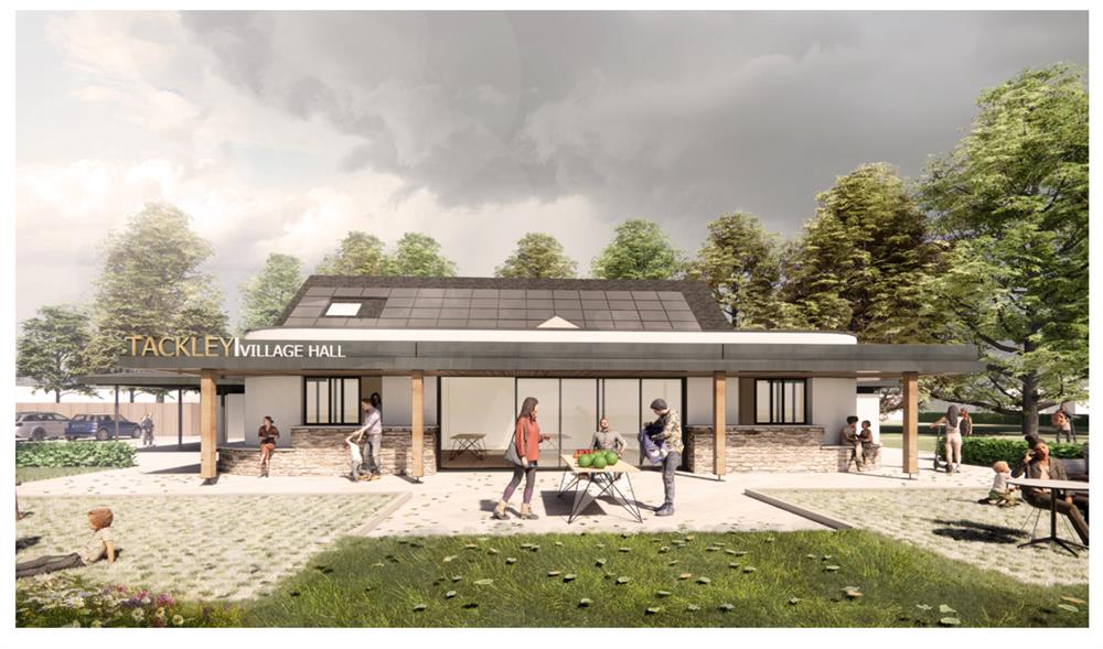 Architect's drawing of the new village hall extension, with a covered terrace and families outside